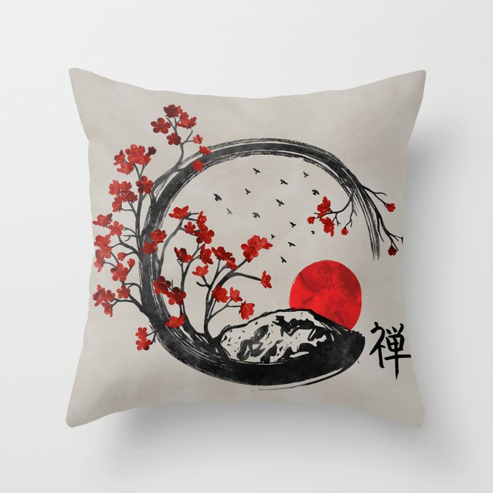 Zen Enso Circle and Sakura Branches Throw Pillow