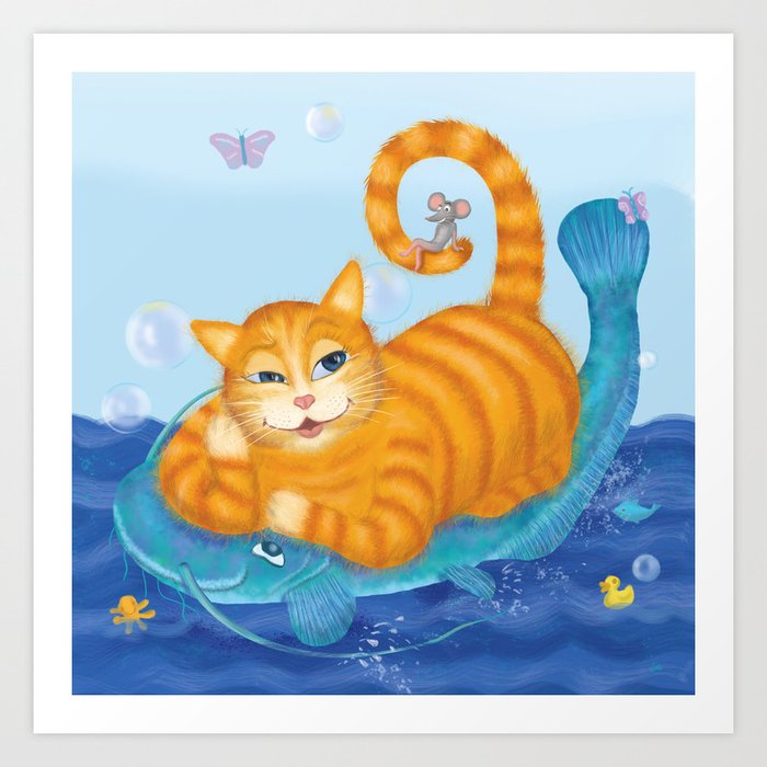 Orange Tabby Cat Blue Catfish Funny Kids Illustration Art Print