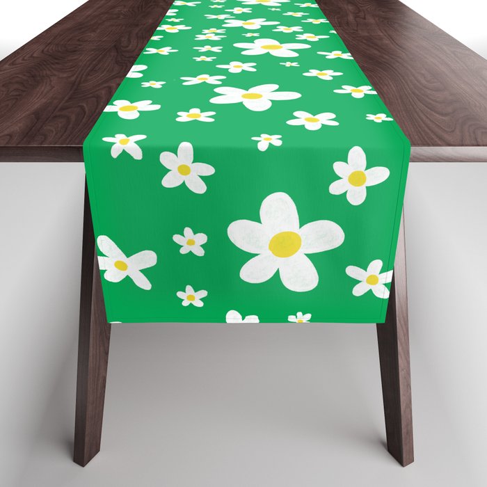 White Daisy Pattern with Emerald Green Table Runner