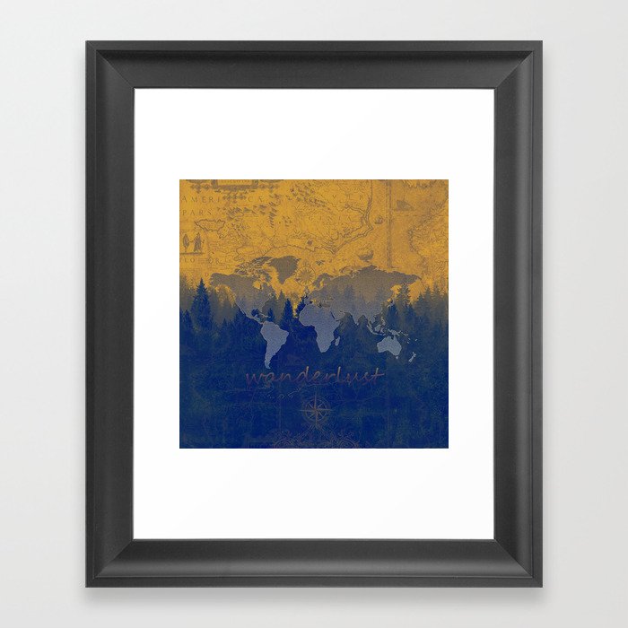 world map wanderlust forest yellow Framed Art Print