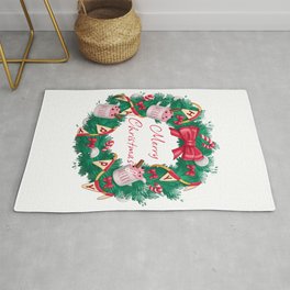 Merry Christmas wreath and bow and decorative flags and toys Rug