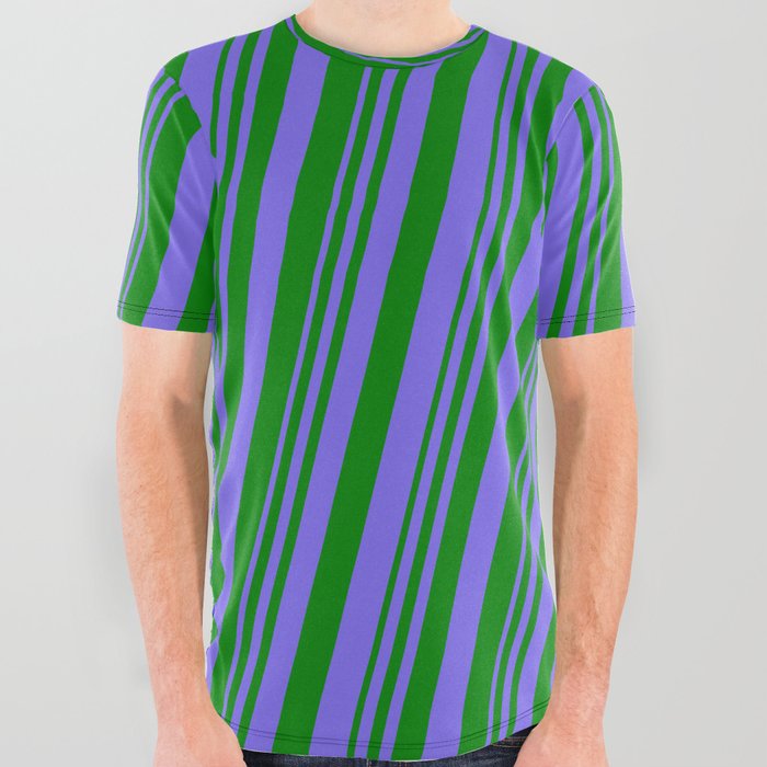 Medium Slate Blue & Green Colored Lines Pattern All Over Graphic Tee