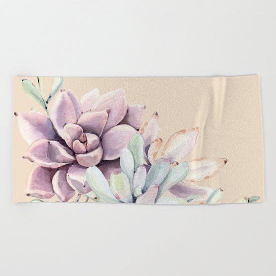 Trendy Apricot + Mint Succulents Beach Towel