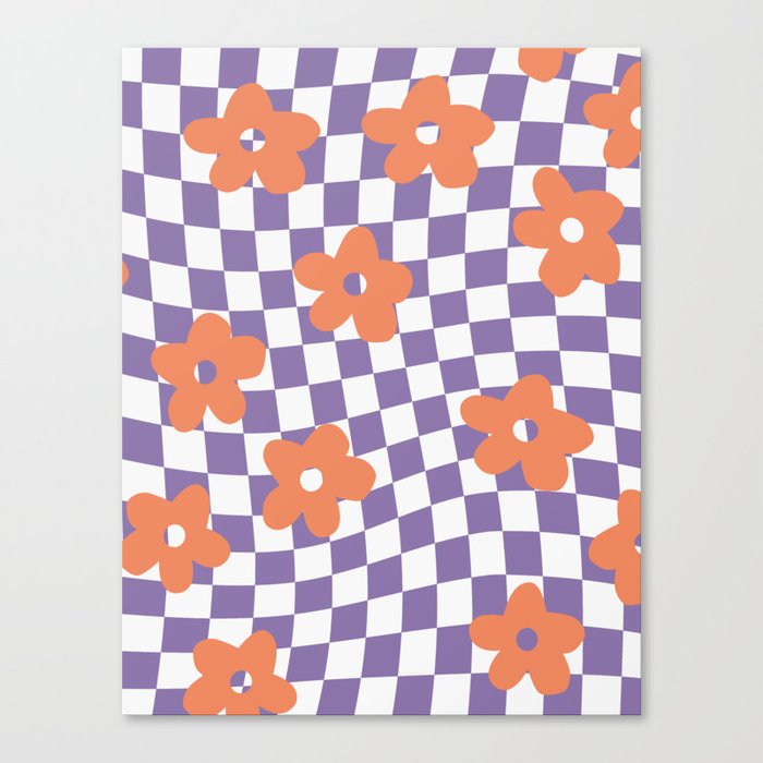 Purple and Orange Retro Checkerboard Flowers Canvas Print