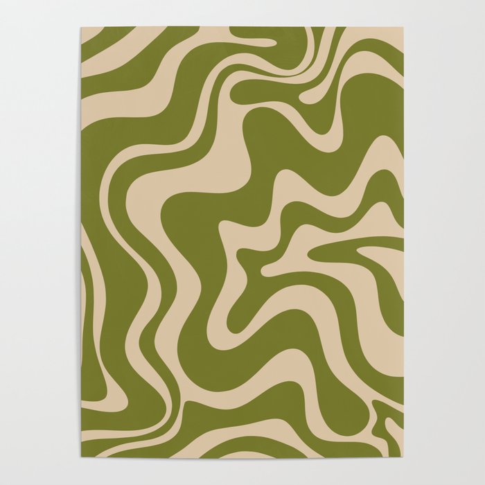 Retro Liquid Swirl Abstract Pattern in Mid Mod Olive Green and Beige Poster