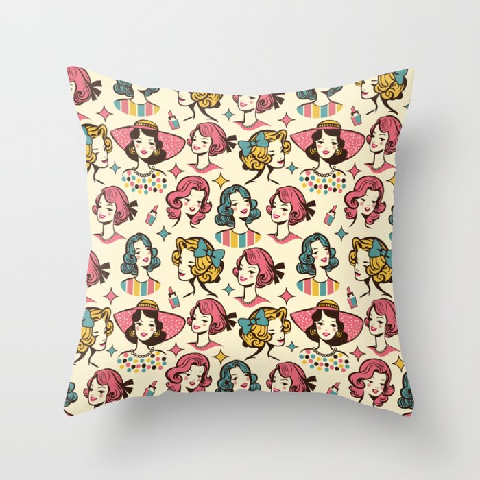 Bold & Colorful Vintage Ladies - Pink & Yellow Throw Pillow