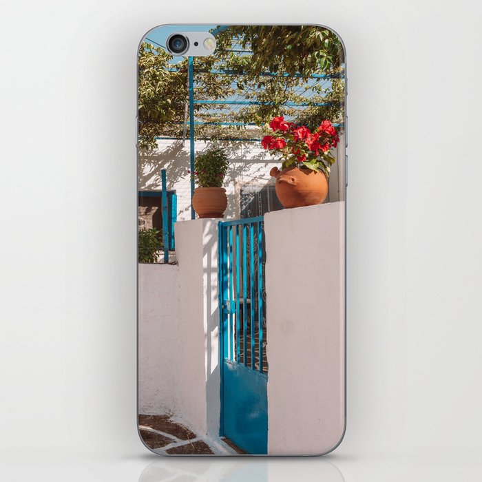 Greek Still Live with Flower Pot and Blue Door | Mediterranean Scene on the Cycladic Islands of Greece | Travel and Summer Photography iPhone Skin