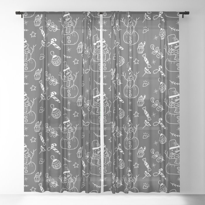 Dark Grey and White Christmas Snowman Doodle Pattern Sheer Curtain