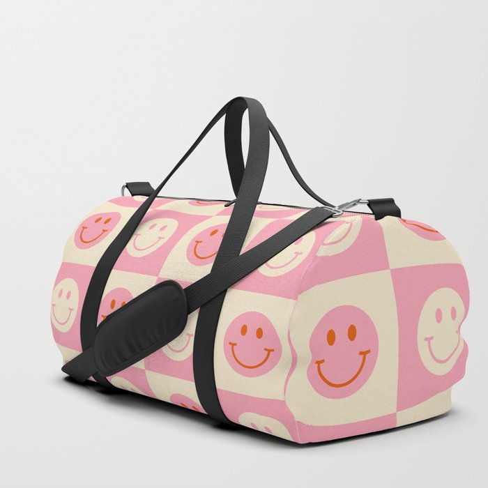 70s Retro Smiley Face Tile Pattern in Pink & Beige Duffle Bag