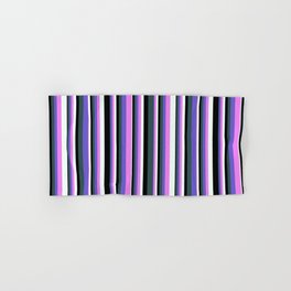 [ Thumbnail: Eyecatching Dark Slate Gray, Slate Blue, Violet, Mint Cream, and Black Colored Pattern of Stripes Hand & Bath Towel ]