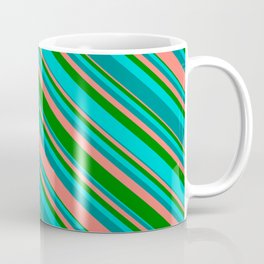 [ Thumbnail: Salmon, Green, Dark Turquoise, and Dark Cyan Colored Lines Pattern Coffee Mug ]