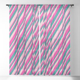 [ Thumbnail: Pink, Deep Pink, and Teal Colored Striped Pattern Sheer Curtain ]