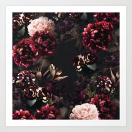 Vintage bouquets of garden flowers. Roses, dark red and pink peony.  Art Print
