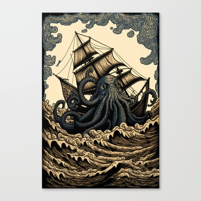 Vintage Kraken Ship Canvas Print