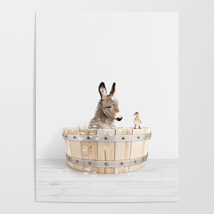 Baby Donkey in a Wooden Bathtub, Donkey Taking a Bath, Bathtub Animal Art Print By Synplus Poster