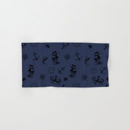Navy Blue And Black Silhouettes Of Vintage Nautical Pattern Hand & Bath Towel