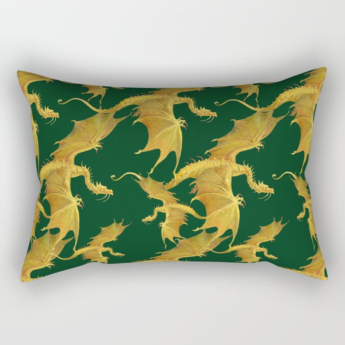 golden dragons on a green background Rectangular Pillow