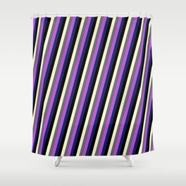 [ Thumbnail: Eye-catching Light Yellow, Dim Gray, Orchid, Midnight Blue, and Black Colored Striped/Lined Pattern Shower Curtain ]