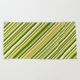 [ Thumbnail: Vibrant Green, Tan, Goldenrod, Dark Green & White Colored Pattern of Stripes Beach Towel ]