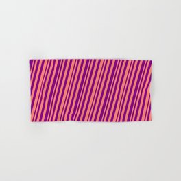 [ Thumbnail: Salmon and Purple Colored Stripes Pattern Hand & Bath Towel ]