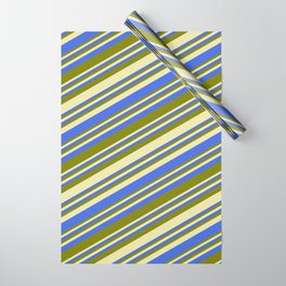 [ Thumbnail: Pale Goldenrod, Royal Blue, and Green Colored Lined Pattern Wrapping Paper ]