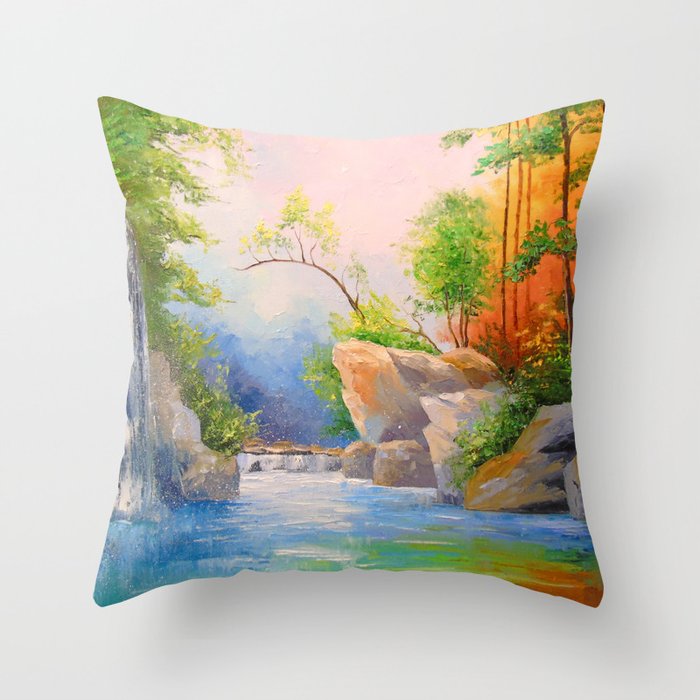 Waterfall in the woods Throw Pillow