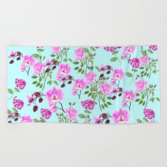 pink purple flowers watercolor painting Beach Towel