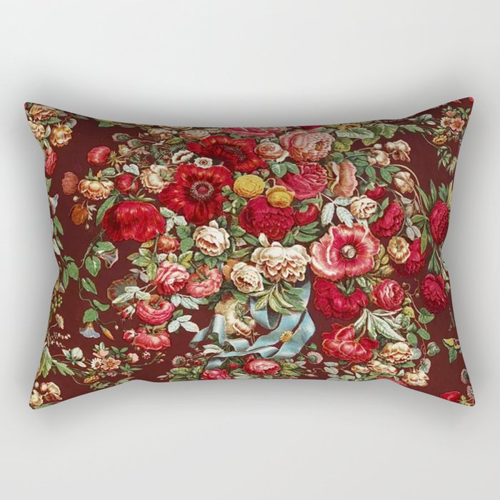 CHINTZ RED FLORAL PATTER WITH BLUE RIBBON. Rectangular Pillow