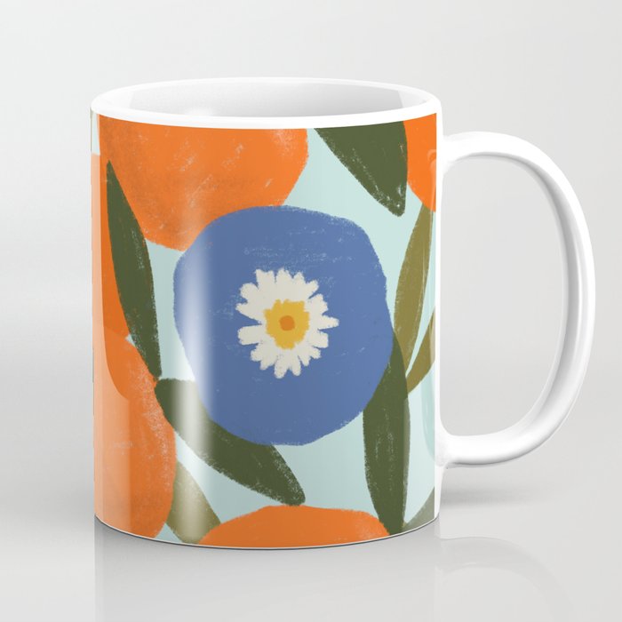 Clementine Orange Blue Flowers Pattern Leaves Coffee Mug