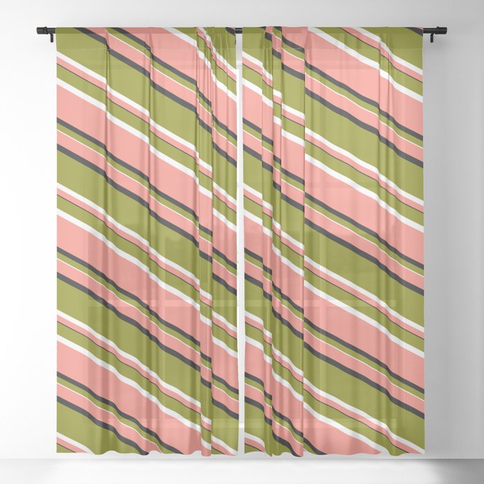 Salmon, Black, Green, and White Colored Lines Pattern Sheer Curtain