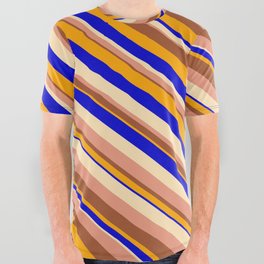 [ Thumbnail: Eyecatching Beige, Dark Salmon, Sienna, Orange, and Blue Colored Striped/Lined Pattern All Over Graphic Tee ]