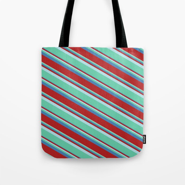 Powder Blue, Aquamarine, Blue, and Red Colored Lined/Striped Pattern Tote Bag