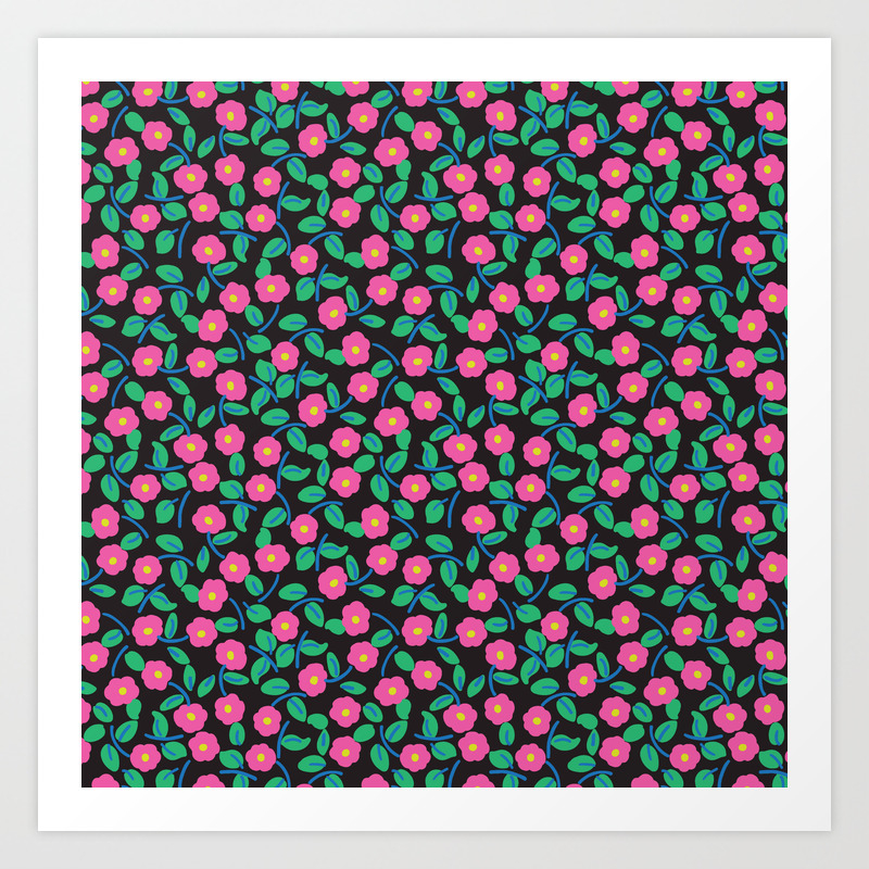 Calico Floral Ditsy Pattern Pink W Black Background Art Print By Iamjaxxis Society6