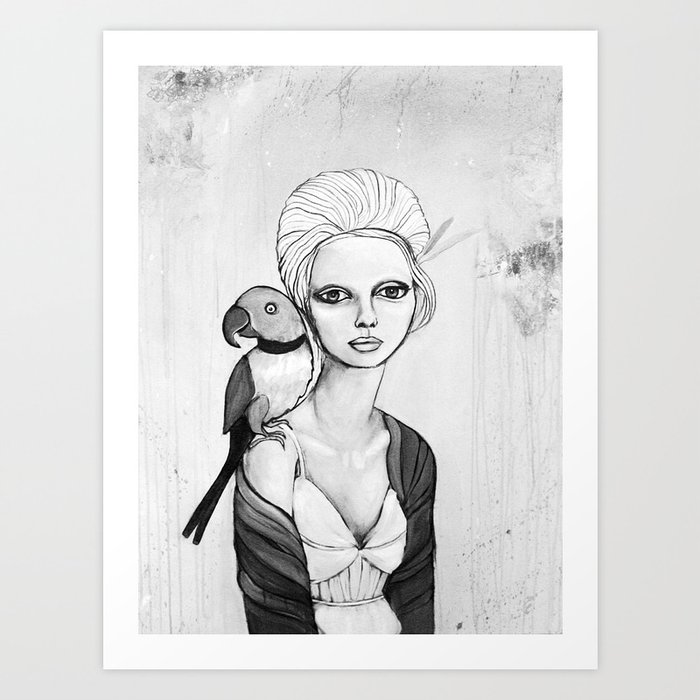 melancholy girl with parrot and feathers Art Print