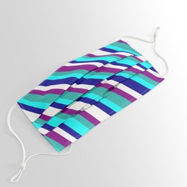 [ Thumbnail: Eye-catching Light Sea Green, Aqua, Dark Blue, White, and Purple Colored Stripes/Lines Pattern Face Mask ]
