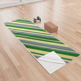 [ Thumbnail: Slate Gray, Dark Green & Tan Colored Lines/Stripes Pattern Yoga Towel ]