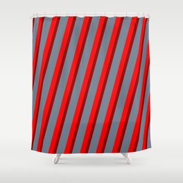 [ Thumbnail: Red, Dark Red & Slate Gray Colored Lines/Stripes Pattern Shower Curtain ]