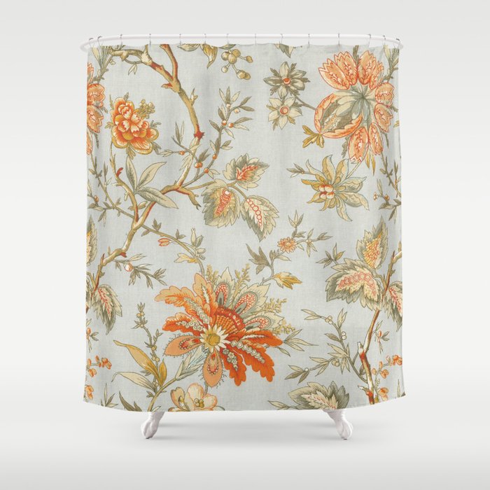 Blue Orange Flower Leaf Shower Curtain