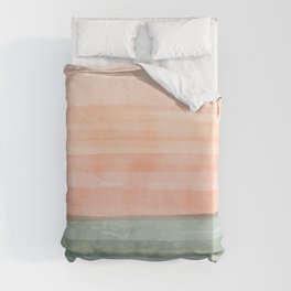 Light Sage Green Waves on a Peach Horizon, Abstract _watercolor color block Duvet Cover