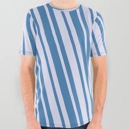 [ Thumbnail: Lavender and Blue Colored Striped/Lined Pattern All Over Graphic Tee ]