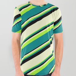 [ Thumbnail: Light Green, Dark Cyan, Black & Light Yellow Colored Striped/Lined Pattern All Over Graphic Tee ]