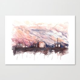 Cityscape watercolor roofs. Evening sunset. Pink clouds and wires. City sketch Canvas Print