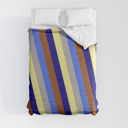 [ Thumbnail: Vibrant Royal Blue, Dark Grey, Tan, Blue, and Brown Colored Lines/Stripes Pattern Comforter ]