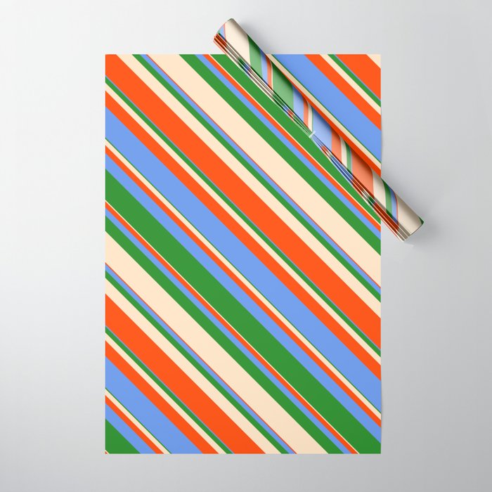 Bisque, Red, Cornflower Blue & Forest Green Colored Stripes/Lines Pattern Wrapping Paper