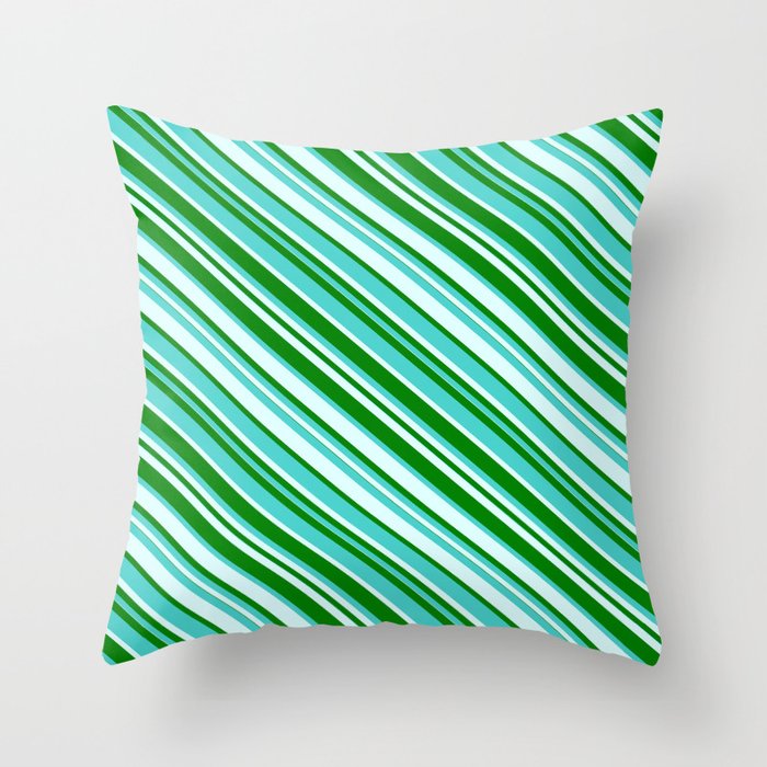 Green, Turquoise & Light Cyan Colored Lined/Striped Pattern Throw Pillow