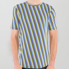 [ Thumbnail: Sky Blue, Slate Blue, Green, and Beige Colored Striped Pattern All Over Graphic Tee ]