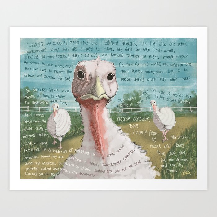 Turkeys Art Print | Painting, Digital, Watercolor, Ink, Vegan, Turkeys, Birds, Animals, Farm