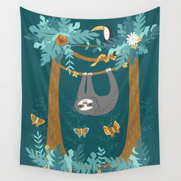 Sloth Hanging in a Teal Forest Wall Tapestry