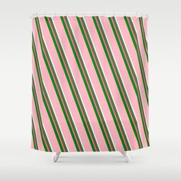 [ Thumbnail: Eyecatching Light Pink, Light Cyan, Dark Olive Green, Hot Pink & Green Colored Striped Pattern Shower Curtain ]