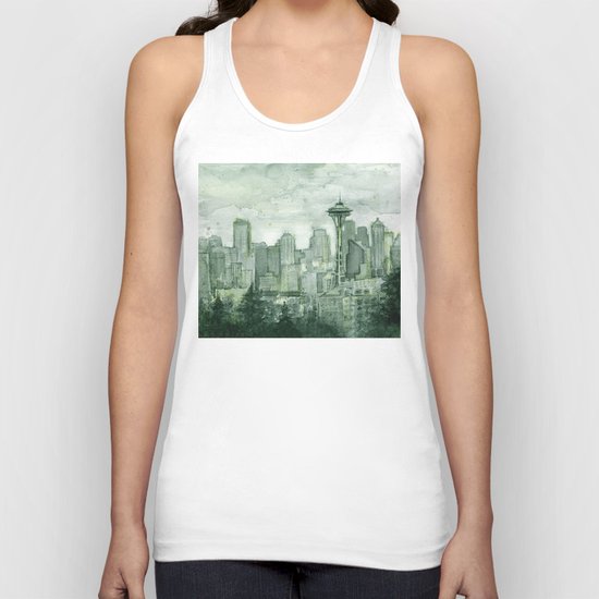 Seattle Skyline Watercolor Space Needle Emerald City 12th Man Art Unisex Tank Top